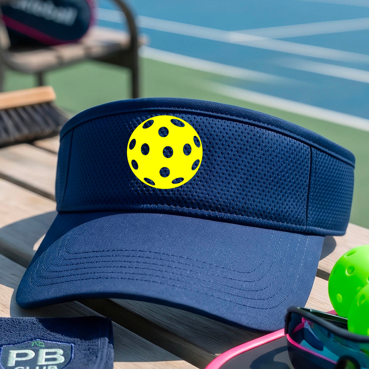 A close-up of a person  wearing a royal blue visor with a pickleball graphic, set against a blurred pickleball court background.
