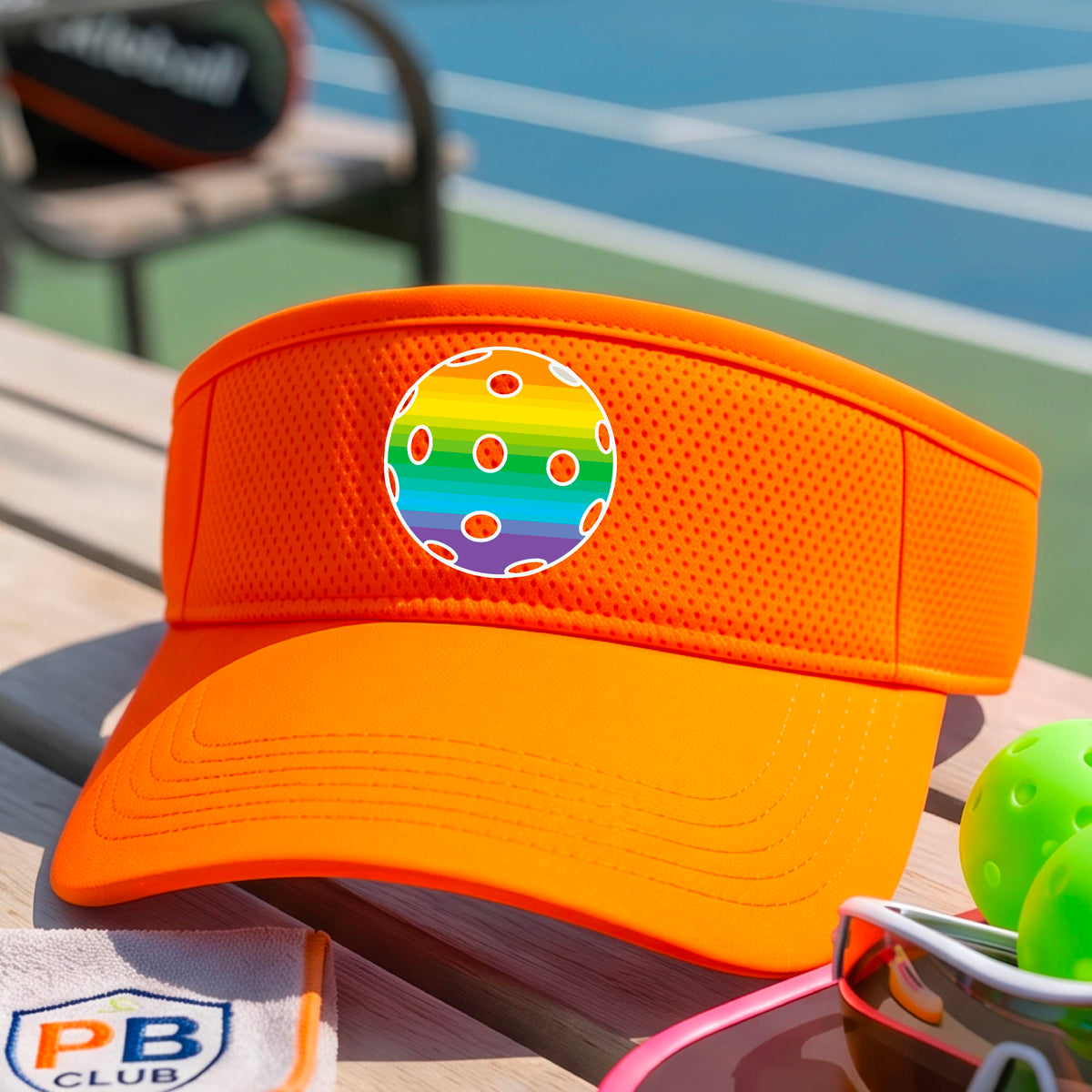 A close-up of a person  wearing an orange visor with a pickleball graphic, set against a blurred pickleball court background.