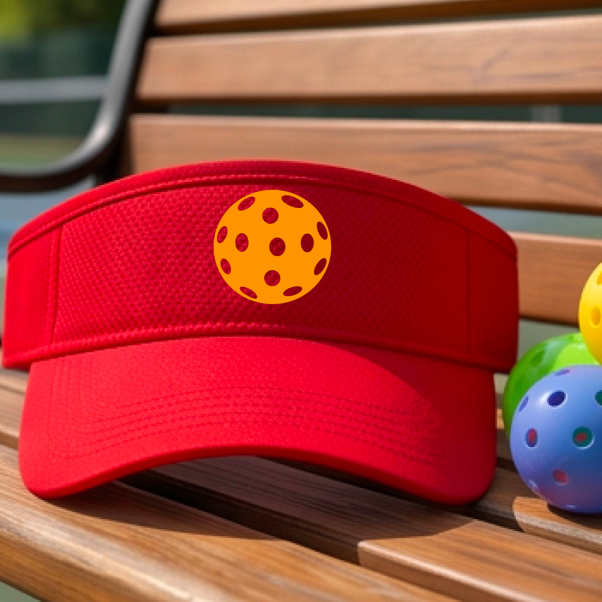 A close-up of a person wearing a red visor with a pickleball graphic, set against a blurred pickleball court background.