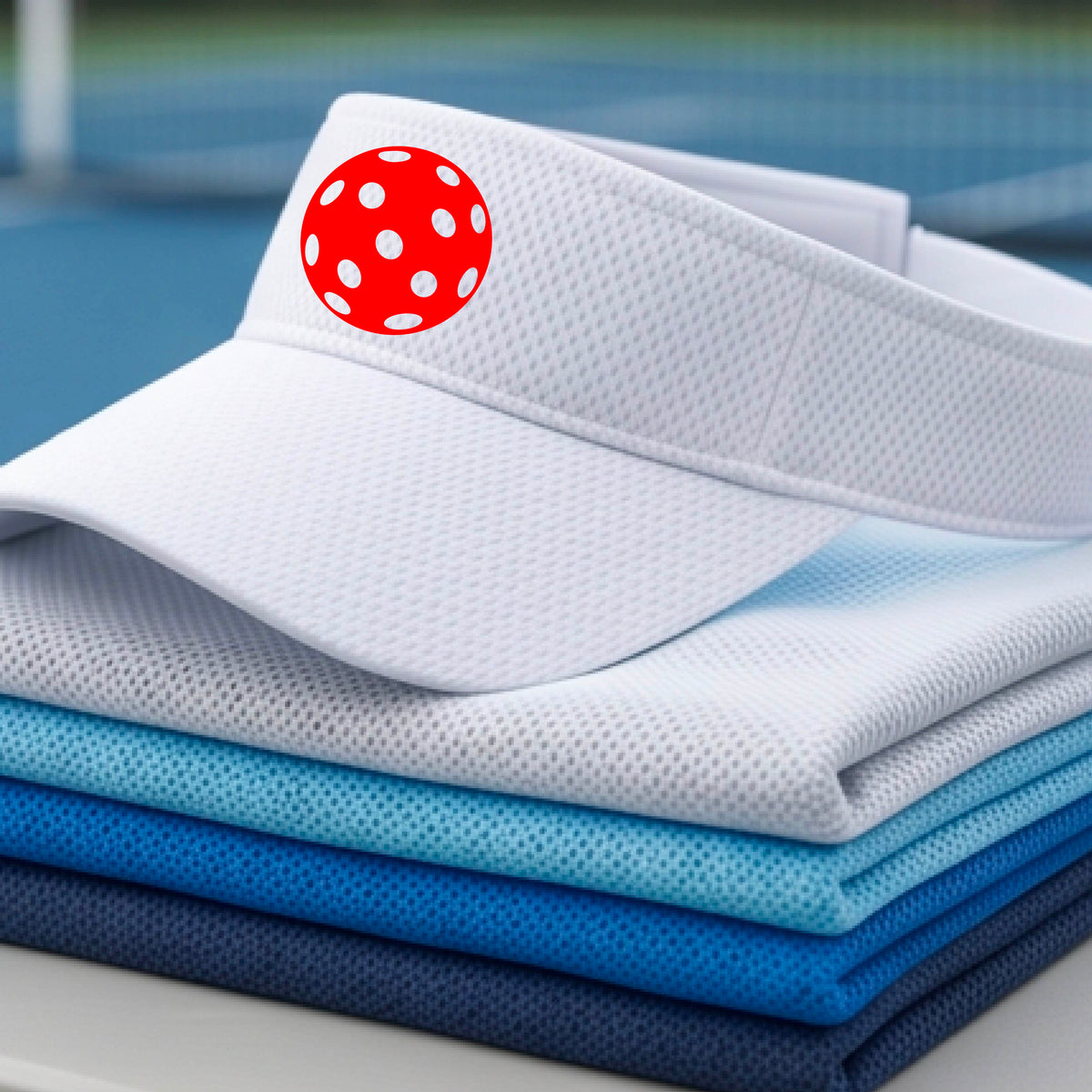 A close-up of a person wearing a white visor with a pickleball graphic, set against a blurred pickleball court background.