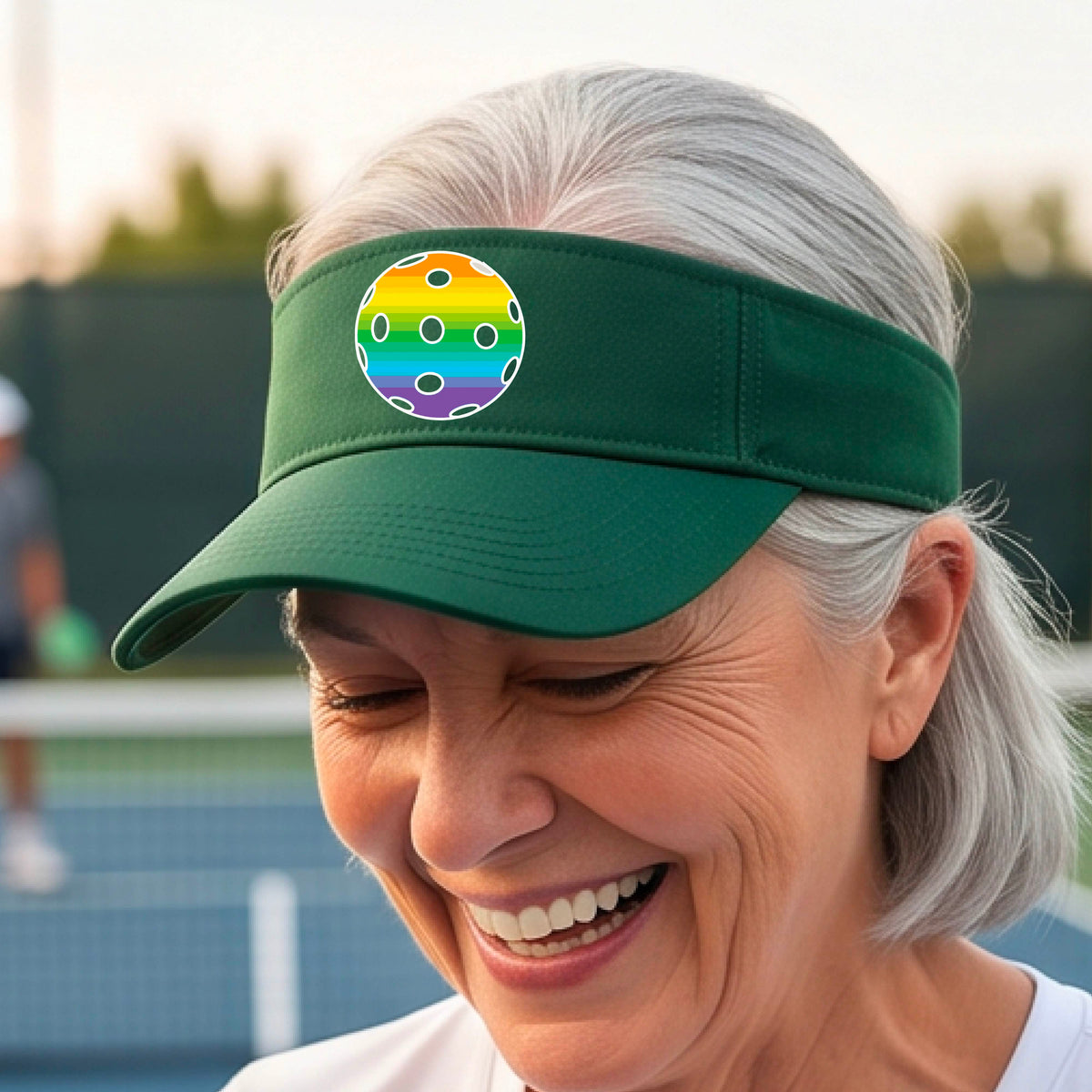 A close-up of a person  wearing a green visor with a pickleball graphic, set against a blurred pickleball court background.