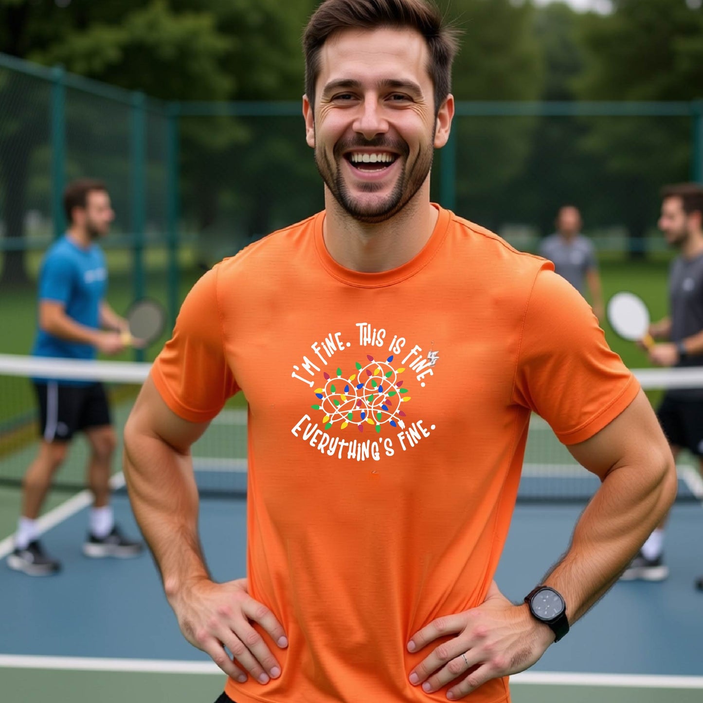 A man smiling on an pickleball court wearing a bright orange t-shirt with a colorful graphic of tangeled Christmas lights and the text 'I'M FINE. THIS IS FINE. EVERYTHING'S FINE.'