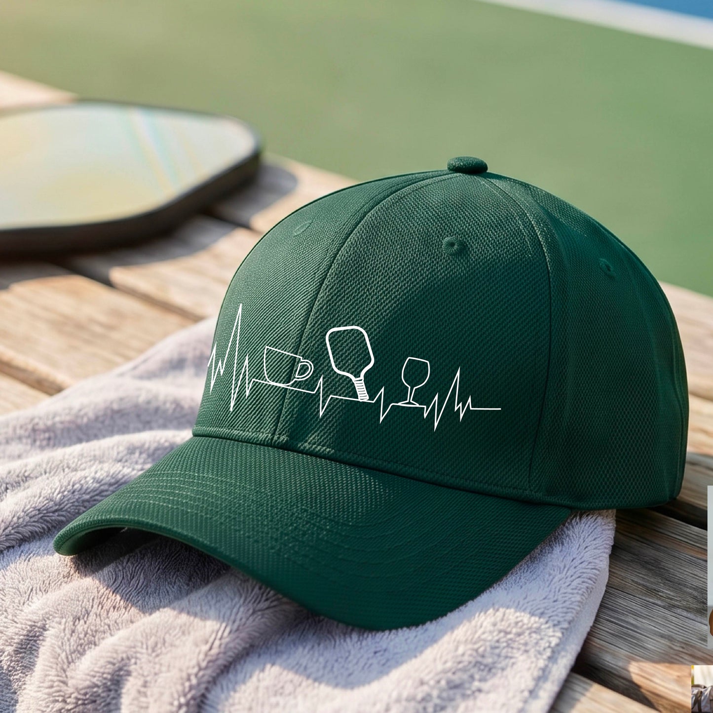 A close up of a green pickleball visor with  a white line-art graphic of a coffee cup, pickleball paddle and a wine glass, on a heartbeat EKG line.