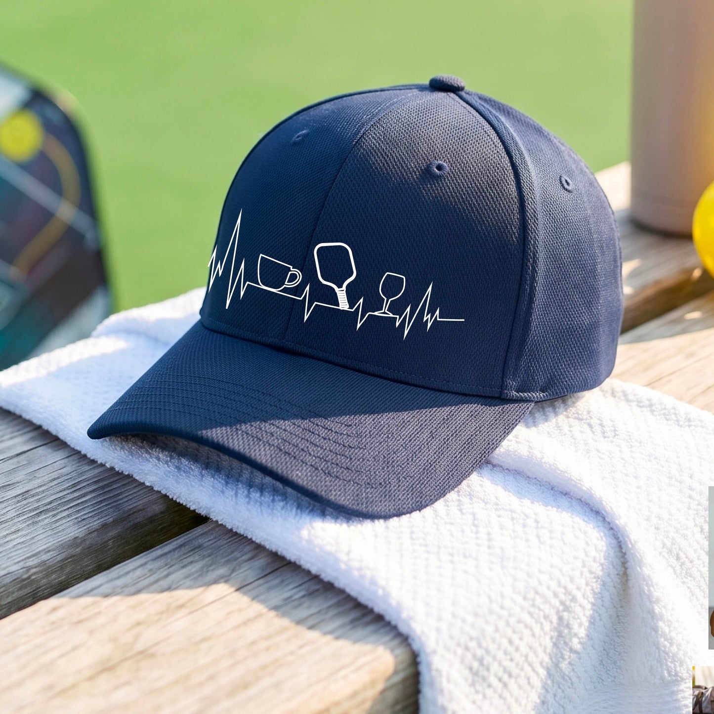 A close up of a navy blue pickleball visor with  a white line-art graphic of a coffee cup, pickleball paddle and a wine glass, on a heartbeat EKG line.