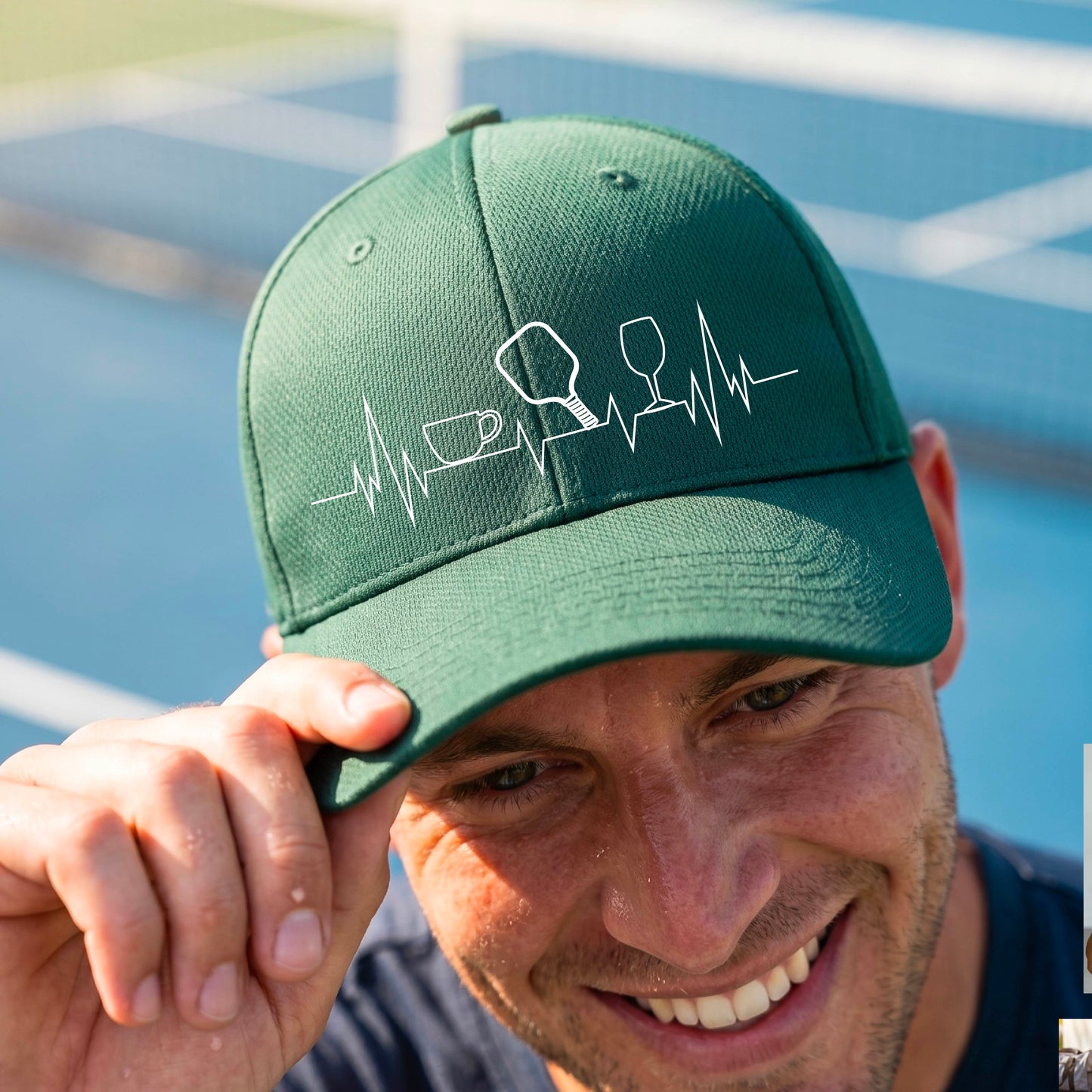 A close up of a green pickleball visor with  a white line-art graphic of a coffee cup, pickleball paddle and a wine glass, on a heartbeat EKG line.