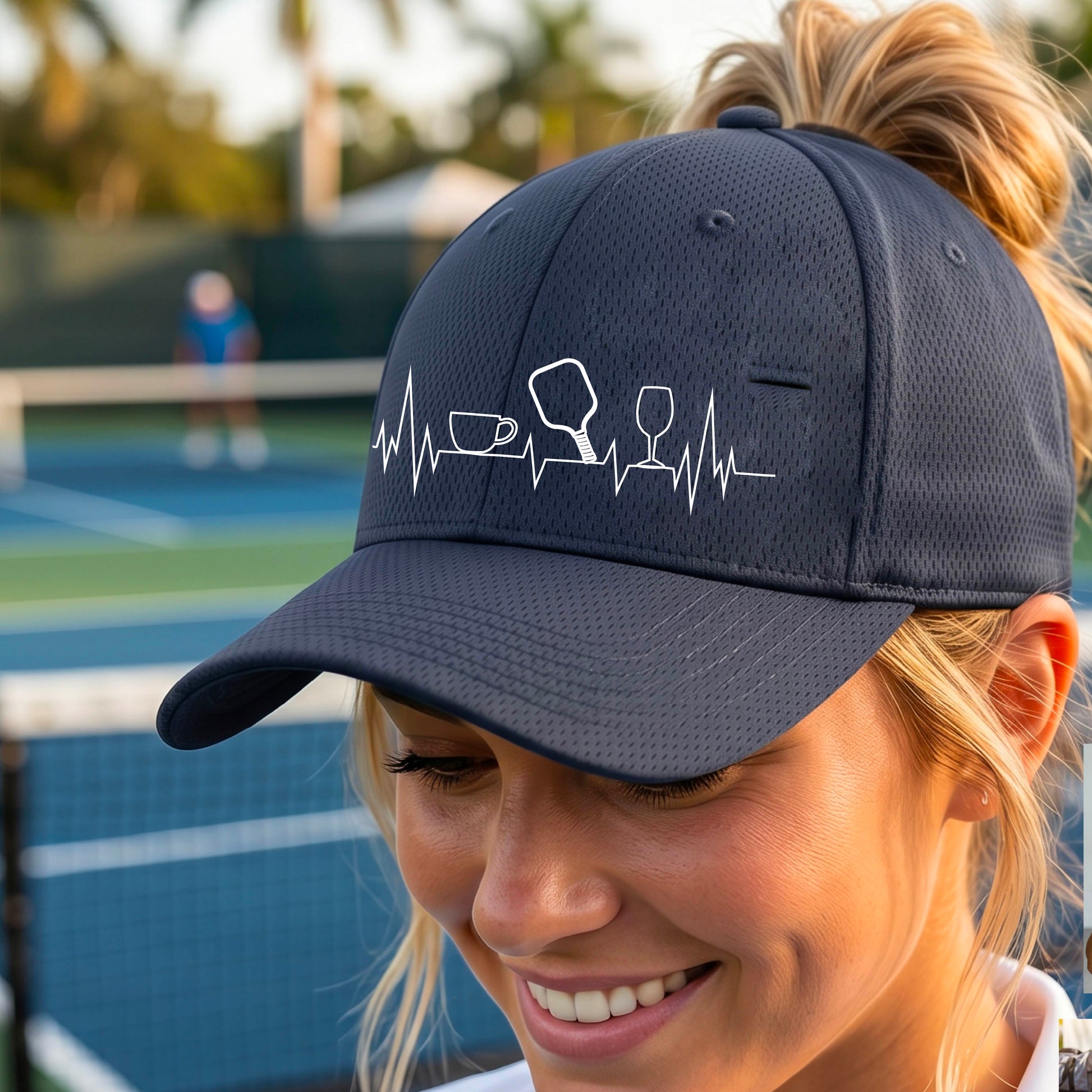 A close up of a navy blue  pickleball visor with  a white line-art graphic of a coffee cup, pickleball paddle and a wine glass, on a heartbeat EKG line.