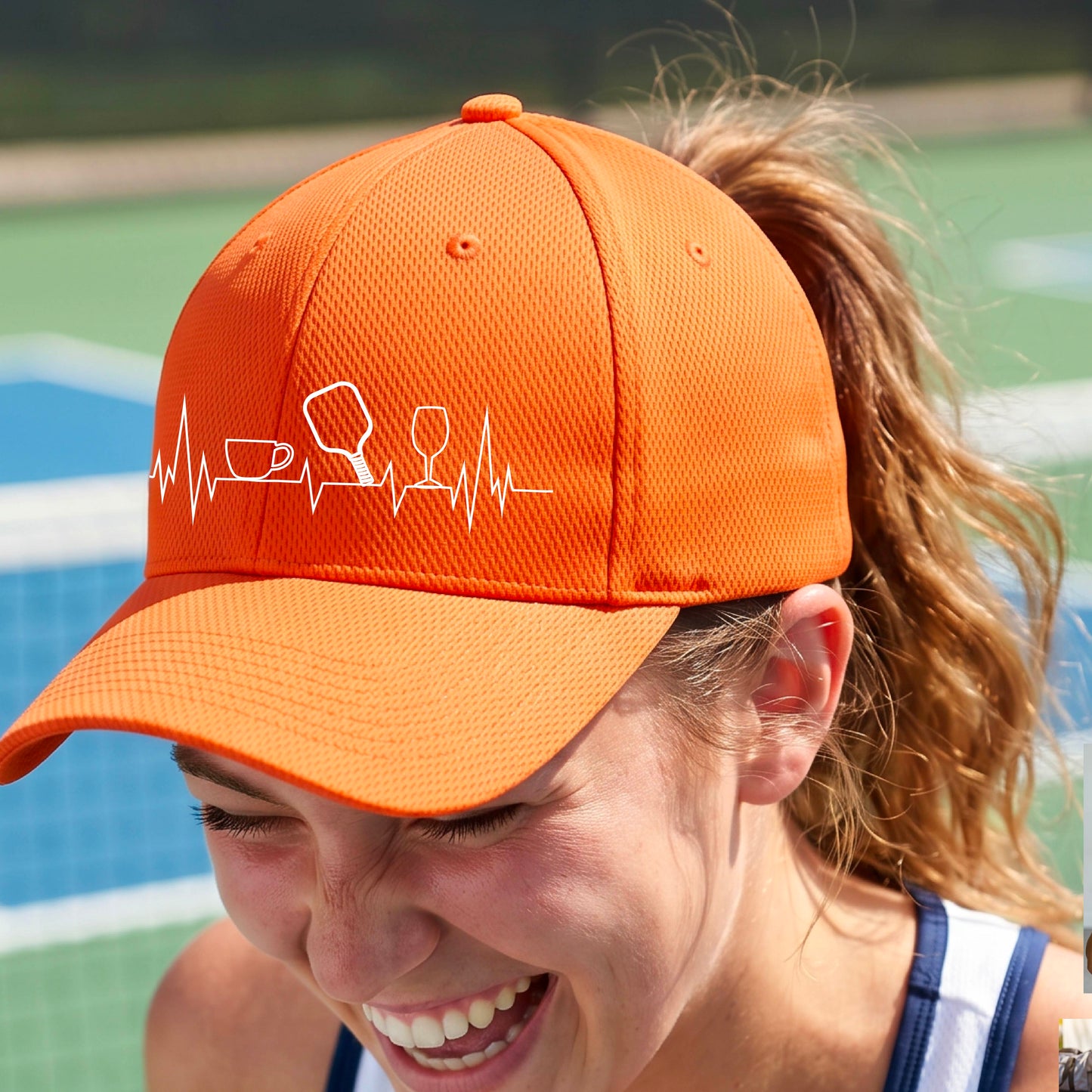 A close up of an orange pickleball visor with  a white line-art graphic of a coffee cup, pickleball paddle and a wine glass, on a heartbeat EKG line.