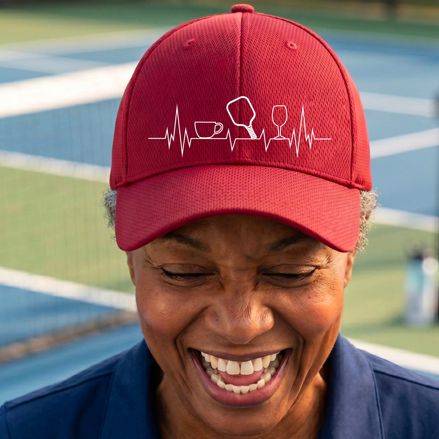 A close up of a red pickleball visor with  a white line-art graphic of a coffee cup, pickleball paddle and a wine glass, on a heartbeat EKG line.
