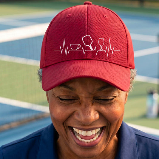 A close up of a red pickleball visor with  a white line-art graphic of a coffee cup, pickleball paddle and a wine glass, on a heartbeat EKG line.