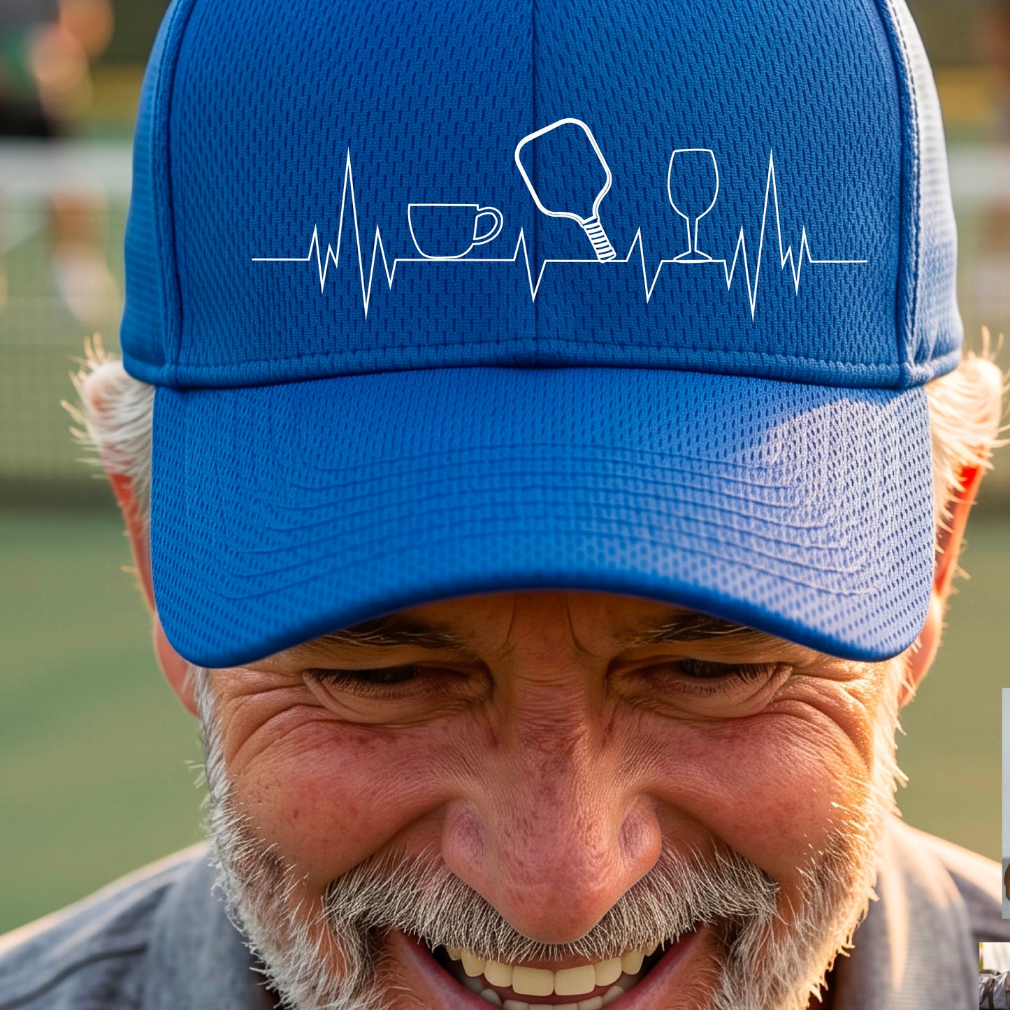 A close up of a bright blue pickleball visor with  a white line-art graphic of a coffee cup, pickleball paddle and a wine glass, on a heartbeat EKG line.