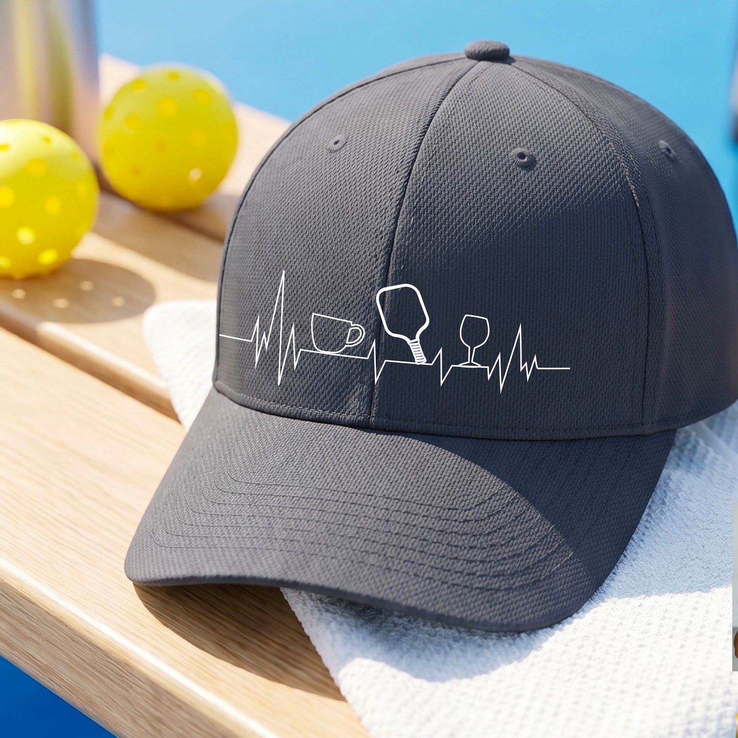A close up of a gray pickleball visor with  a white line-art graphic of a coffee cup, pickleball paddle and a wine glass, on a heartbeat EKG line.