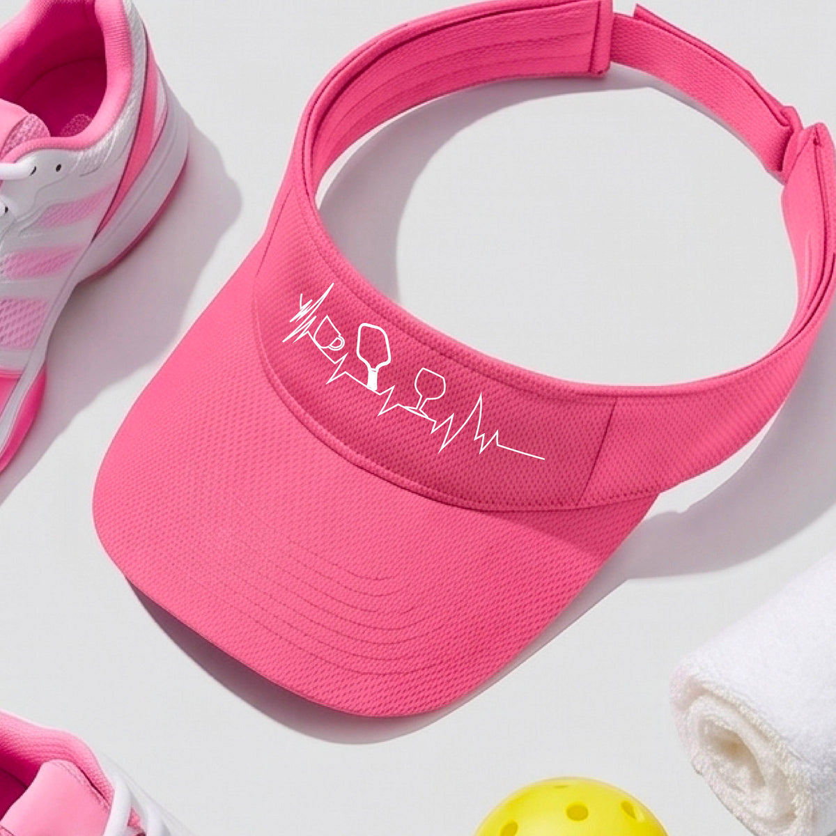 A close up of a pink pickleball visor with  a white line-art graphic of a coffee cup, pickleball paddle and a wine glass, on a heartbeat EKG line.
