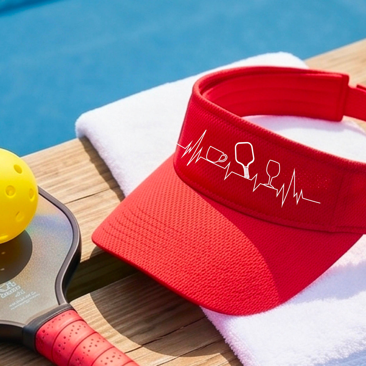A close up of a red pickleball visor with  a white line-art graphic of a coffee cup, pickleball paddle and a wine glass, on a heartbeat EKG line.