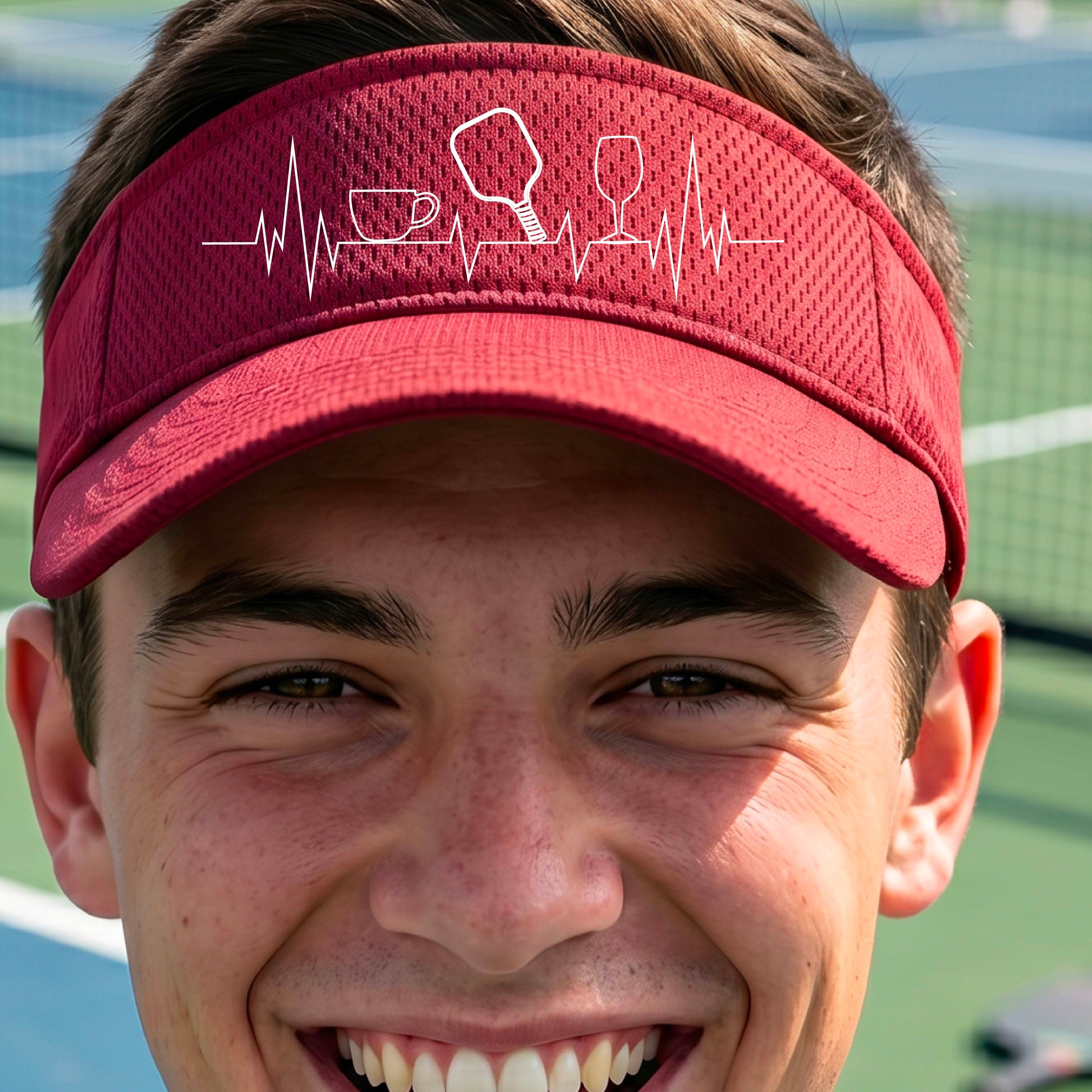 A close up of a red pickleball visor with  a white line-art graphic of a coffee cup, pickleball paddle and a wine glass, on a heartbeat EKG line.