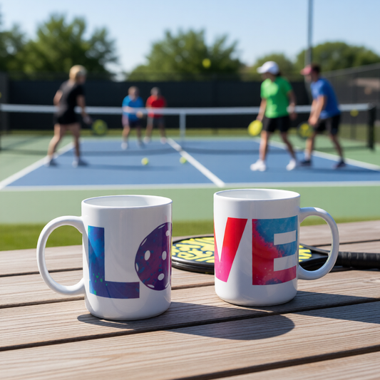 A multi-colored 12 ounce coffee mug with a built in spoon in the handle with and a fun pickleball graphic with the word LOVE and a pickleball in place of the O.