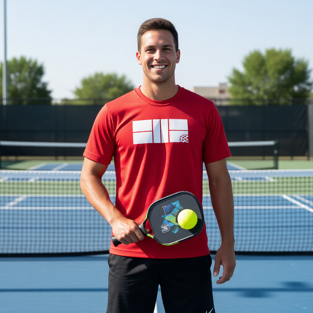 A man on a pickleball court wearing a red t-shirt with a white and red geometric logo, holding a pickleball paddle with a yellow ball, with trees and a fence in the background.