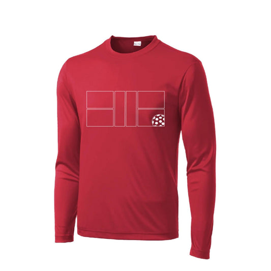 Pickleball Court (White) | Men's Long Sleeve Athletic Performance T-Shirt | 100% Polyester