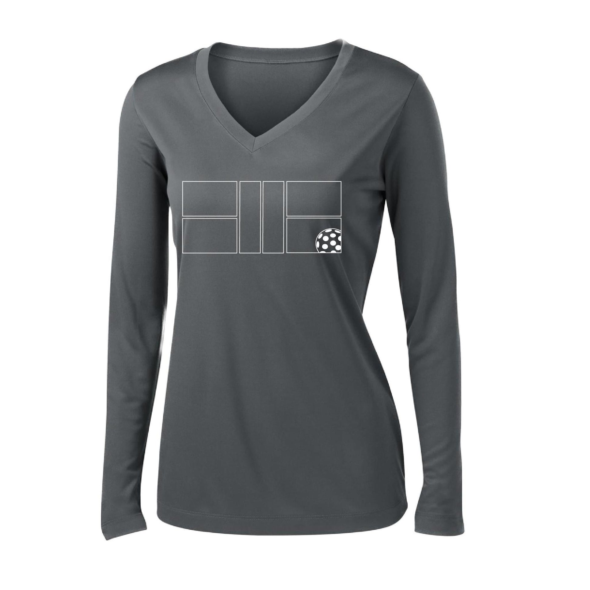 Pickleball Court (White) | Women's Long Sleeve V-Neck Pickleball Performance T-Shirts | 100% Polyester