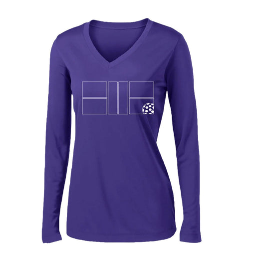 Pickleball Court (White) | Women's Long Sleeve V-Neck Pickleball Performance T-Shirts | 100% Polyester