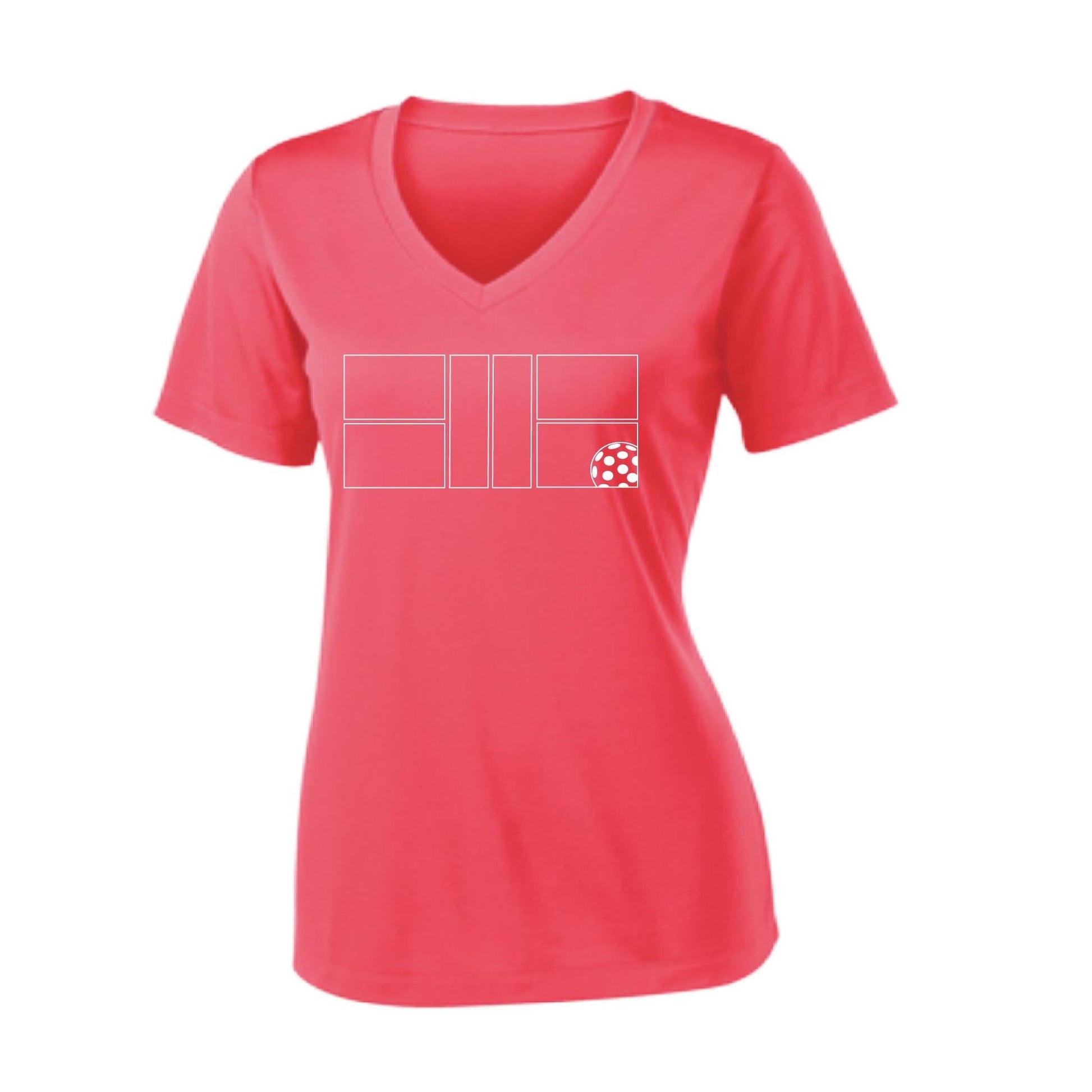 Pickleball Court (White) | Women's Short Sleeve V-Neck Pickleball Performance T-Shirts | 100% Polyester