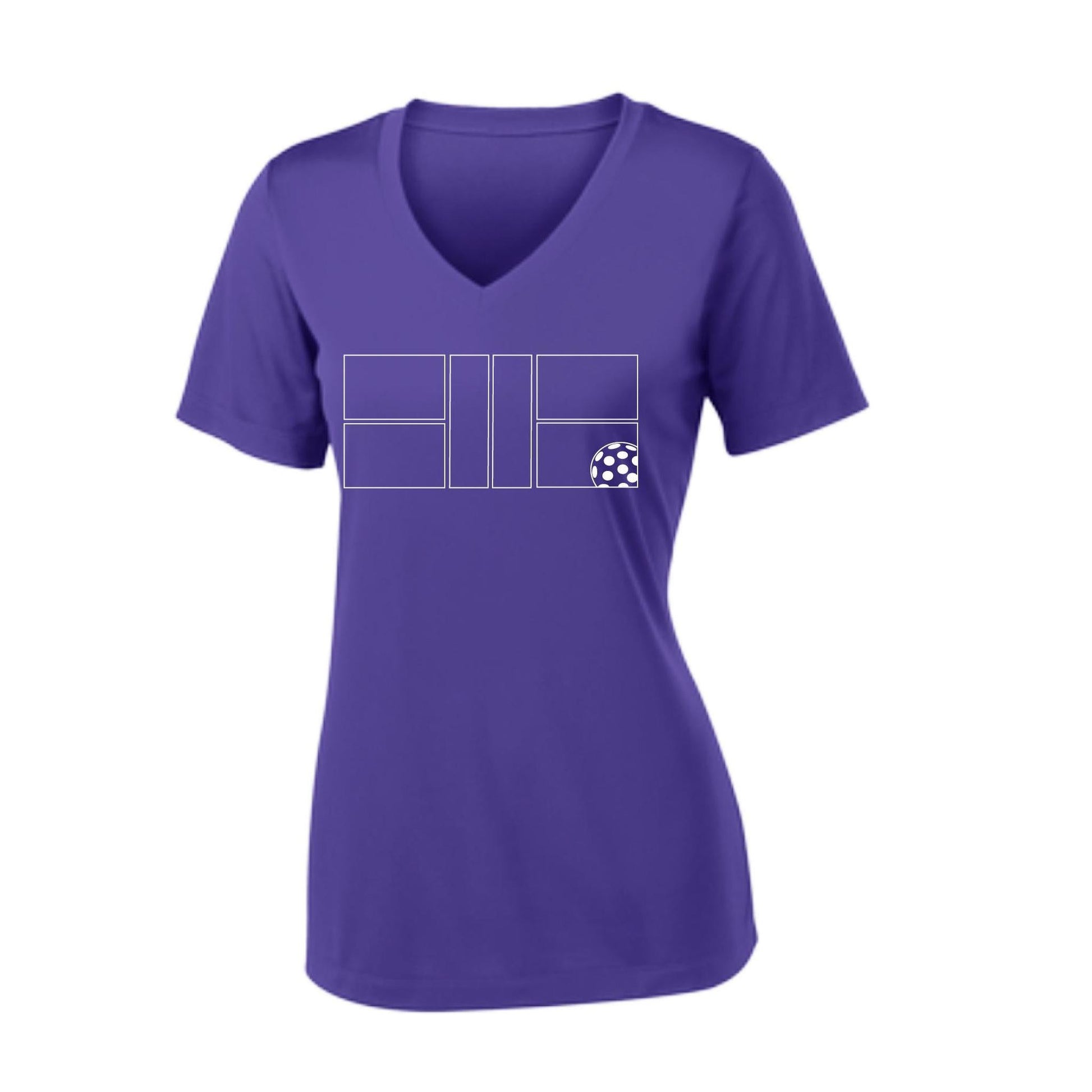 Pickleball Court (White) | Women's Short Sleeve V-Neck Pickleball Performance T-Shirts | 100% Polyester