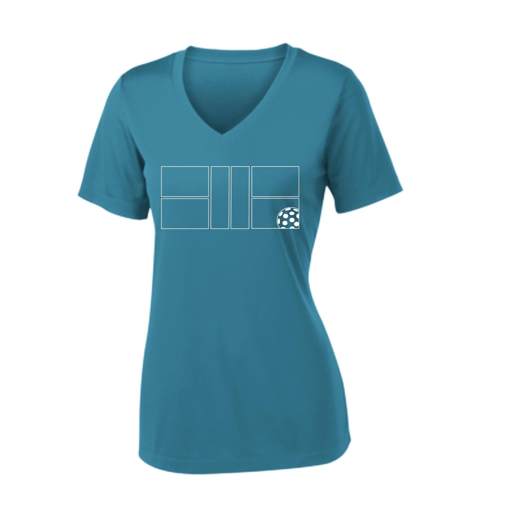 Pickleball Court (White) | Women's Short Sleeve V-Neck Pickleball Performance T-Shirts | 100% Polyester
