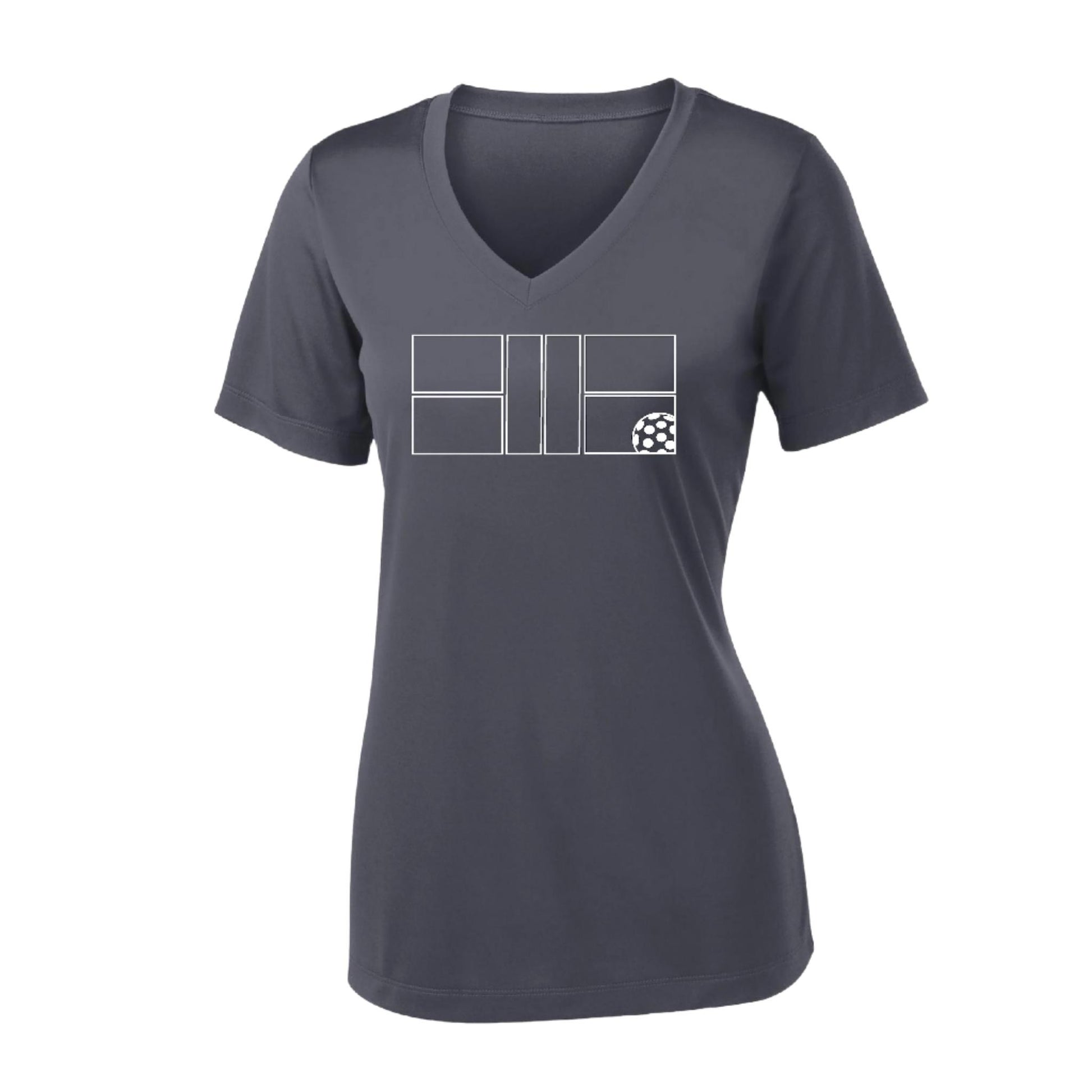 Pickleball Court (White) | Women's Short Sleeve V-Neck Pickleball Performance T-Shirts | 100% Polyester