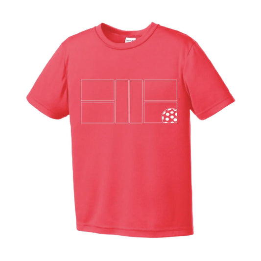 Pickleball Court (White) | Youth Short Sleeve Pickleball Performance T-Shirts | 100% Polyester