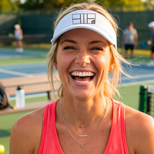 A close up of a white visor with a black pickleball court and ball graphic on the front and a pickleball court in the background. 