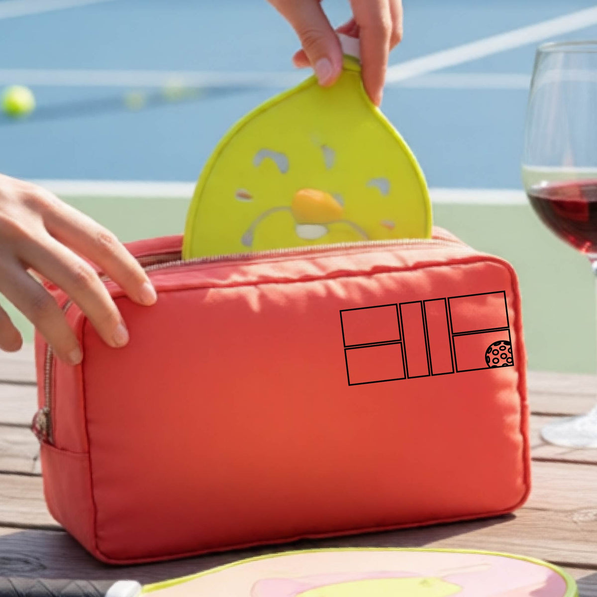 A close up of a coral colored pickleball cosmetic makeup bag with a black graphic of pickleball court and ball in the upper right corner. 