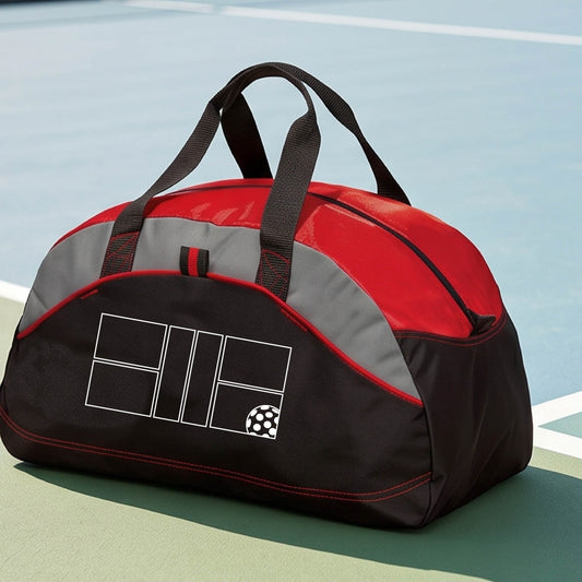 A close up of red, gray and black pickleball duffel bag with a white pickleball court and ball graphic.