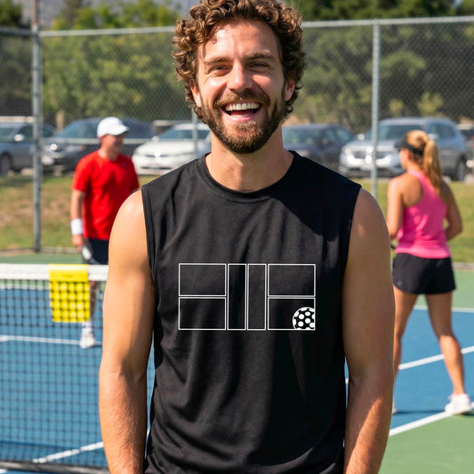 A man wearing a black sleeveless shirt with a white pickleball court and ball graphic design, standing on a pickleball court. 