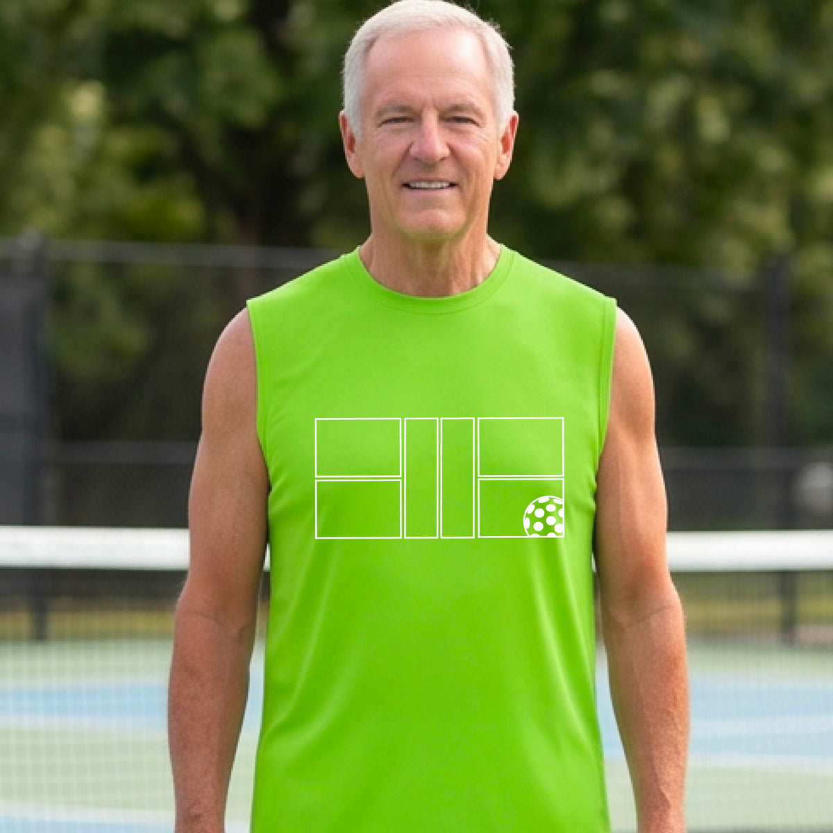 A man wearing a lime green sleeveless shirt with a white pickleball court and ball graphic design, standing on a pickleball court. 