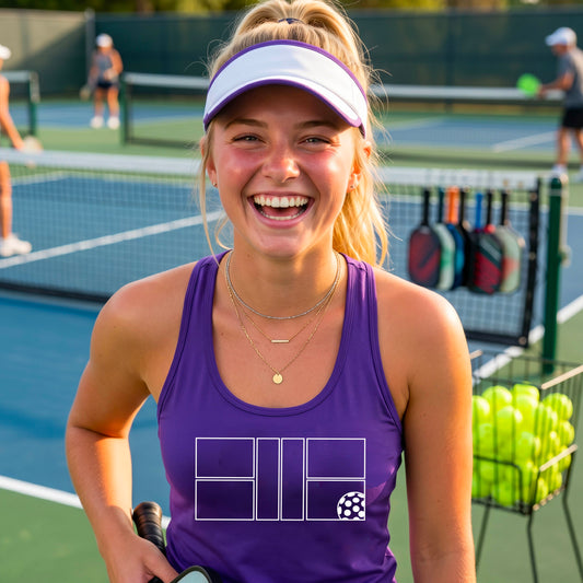 A smiling woman on a pickelball court wearing a purple athletic tank top with a white graphic logo of a pickleball court and ball in front of a pickleball court. 