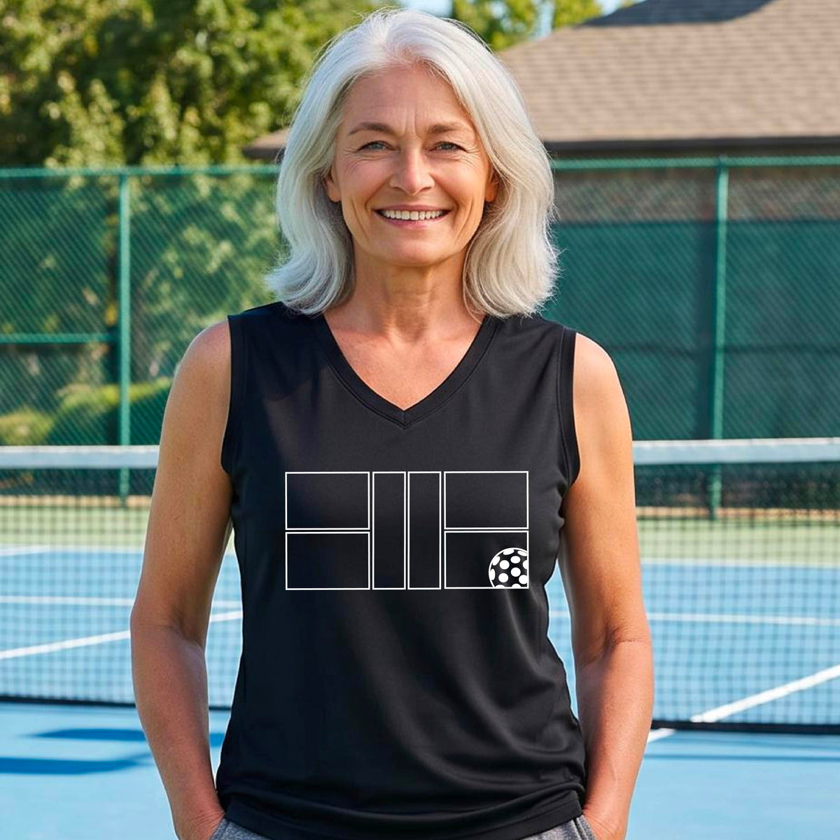 A woman wearing a black sleeveless V-neck athletic tank top with a white pickleball court and ball graphic.