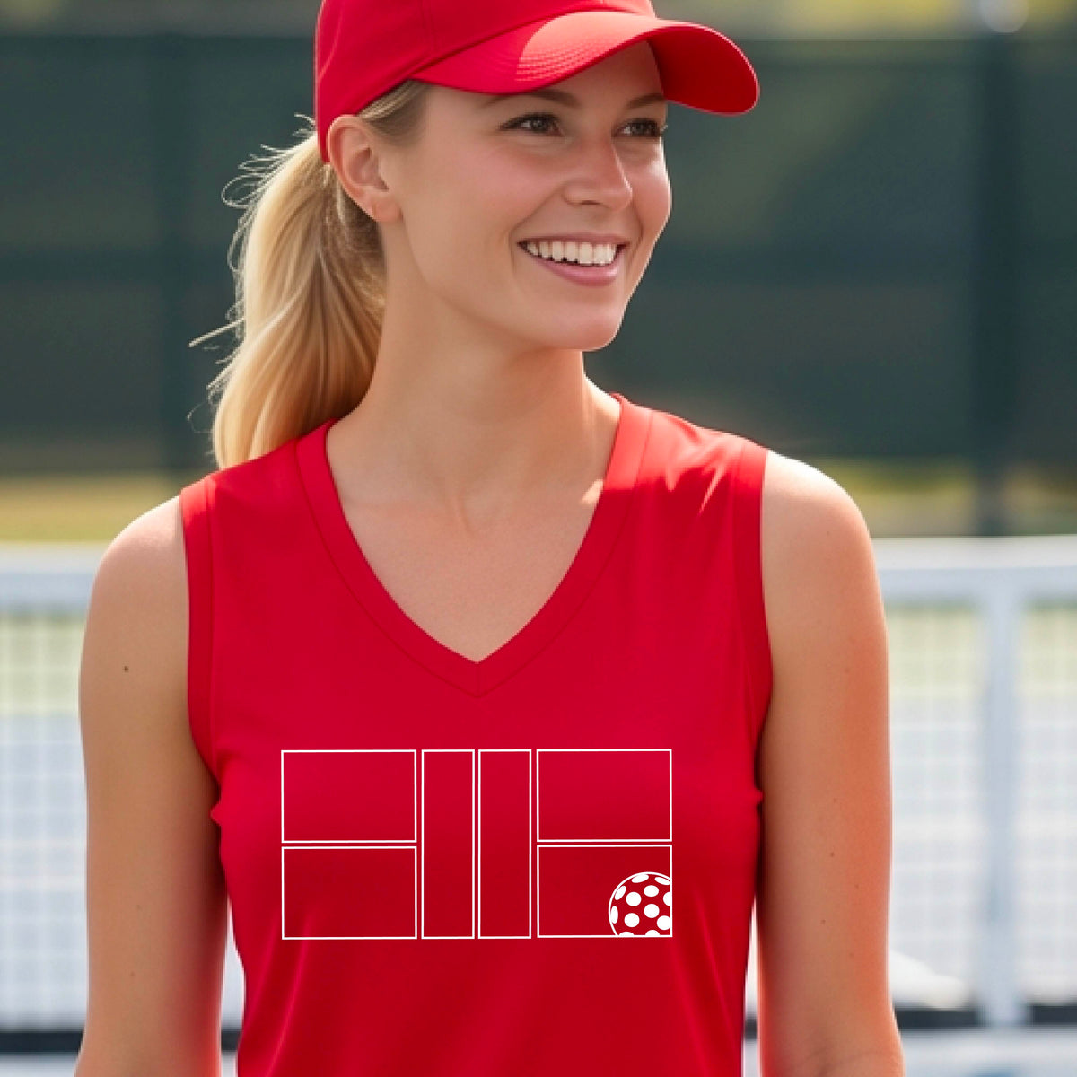 A woman wearing a red sleeveless V-neck athletic tank top with a white pickleball court and ball graphic.