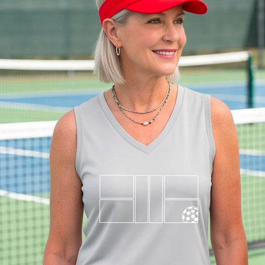 A woman wearing a light gray sleeveless V-neck athletic tank top with a white pickleball court and ball graphic.