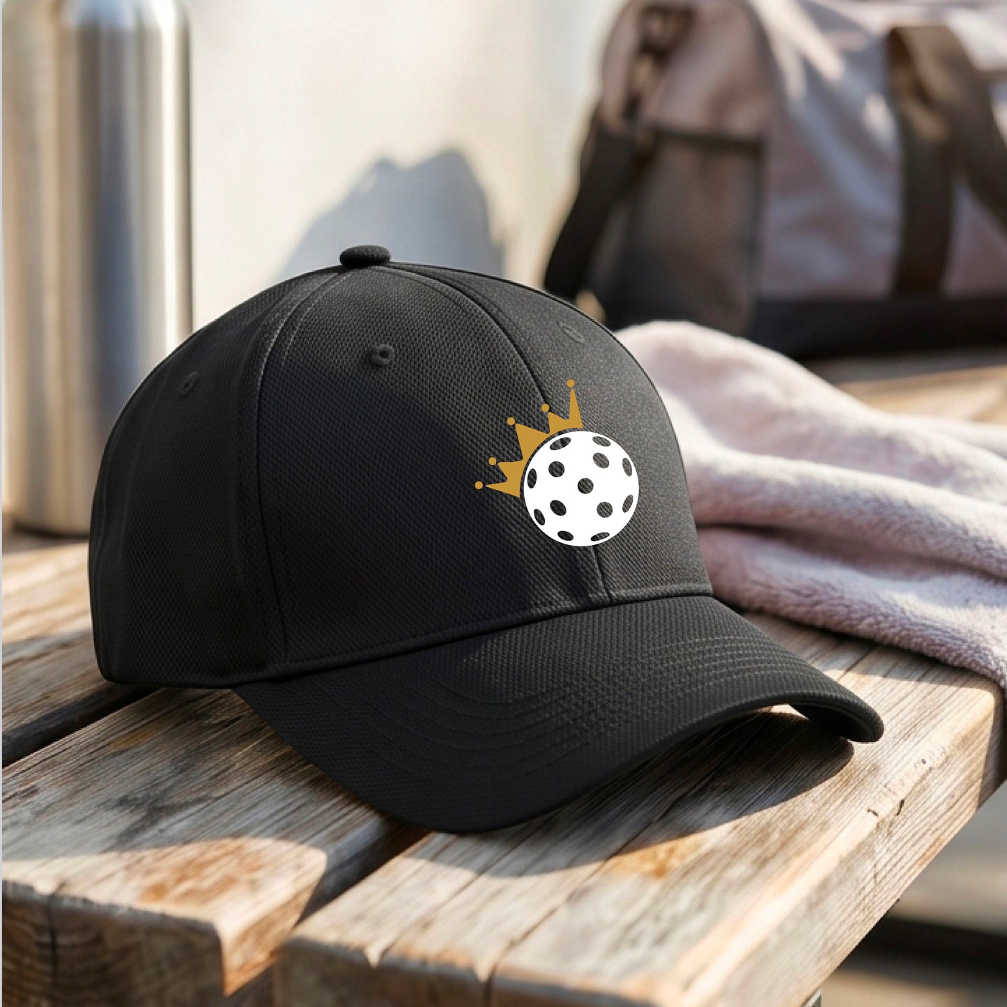 A person outdoors wearing a black baseball cap with a white pickleball graphic of small gold crown on the front.