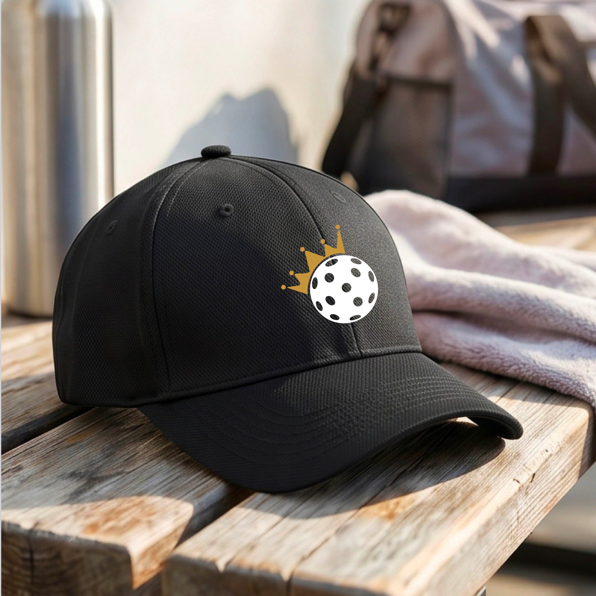 A person outdoors wearing a black baseball cap with a white pickleball graphic of small gold crown on the front.