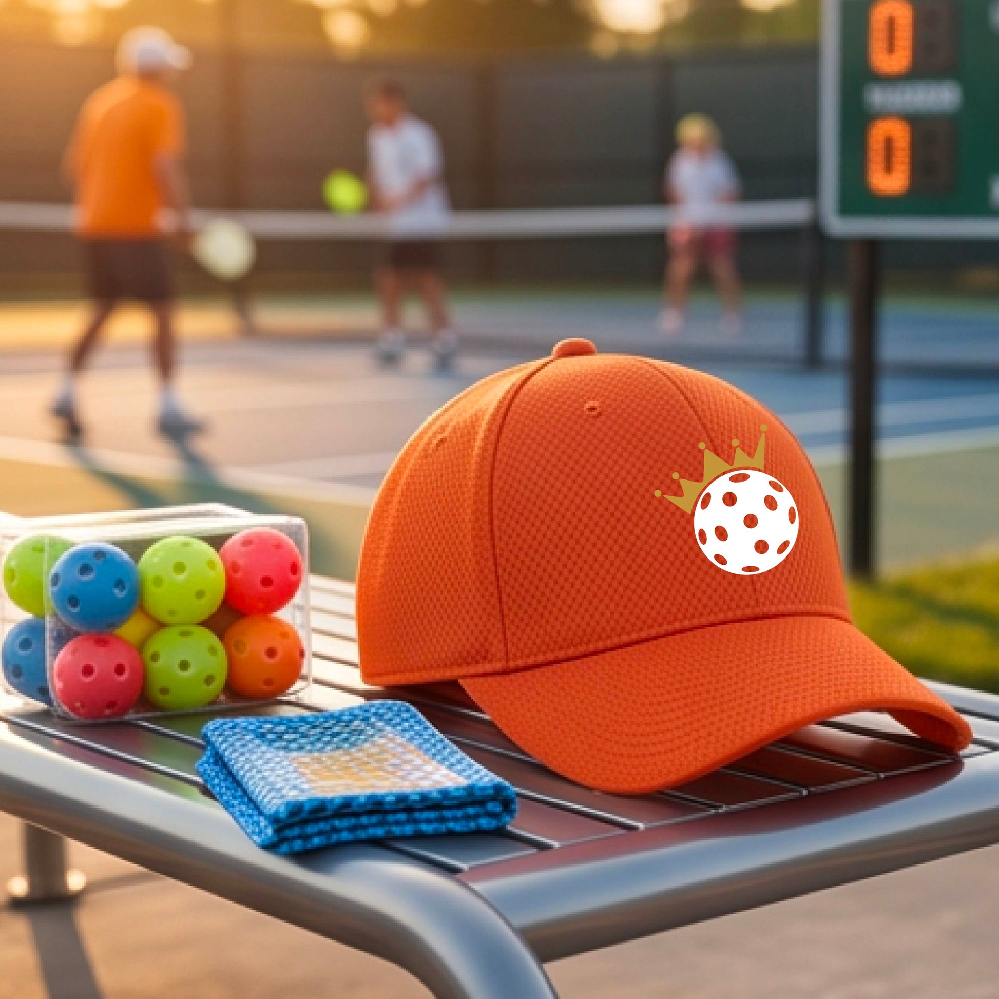 A person outdoors wearing an orange baseball cap with a white pickleball graphic of small gold crown on the front.