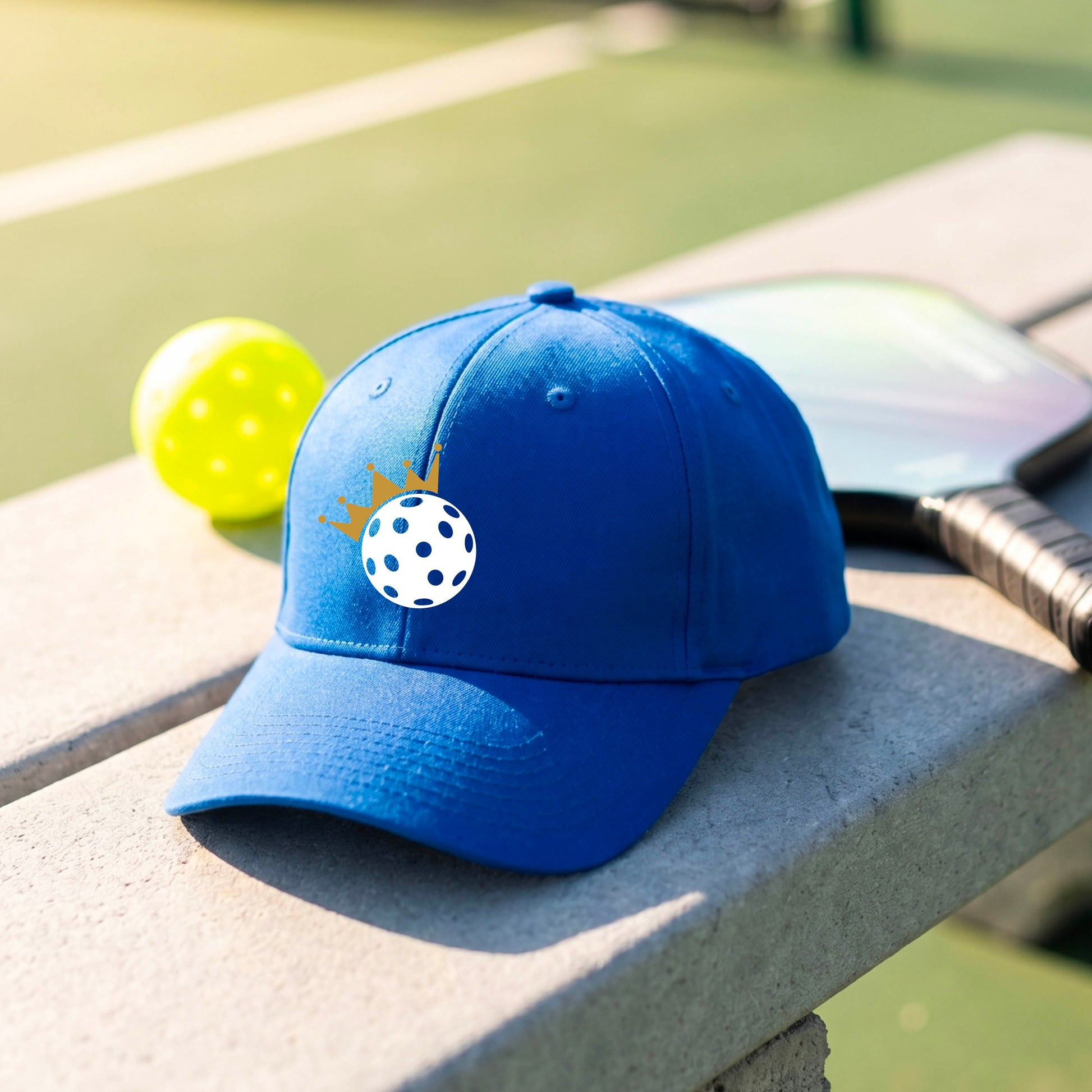 A person outdoors wearing a bright blue baseball cap with a white pickleball graphic of small gold crown on the front.