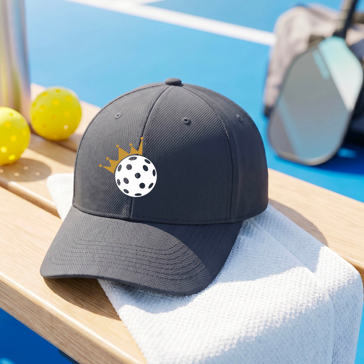 A person outdoors wearing a gray baseball cap with a white pickleball graphic of small gold crown on the front.