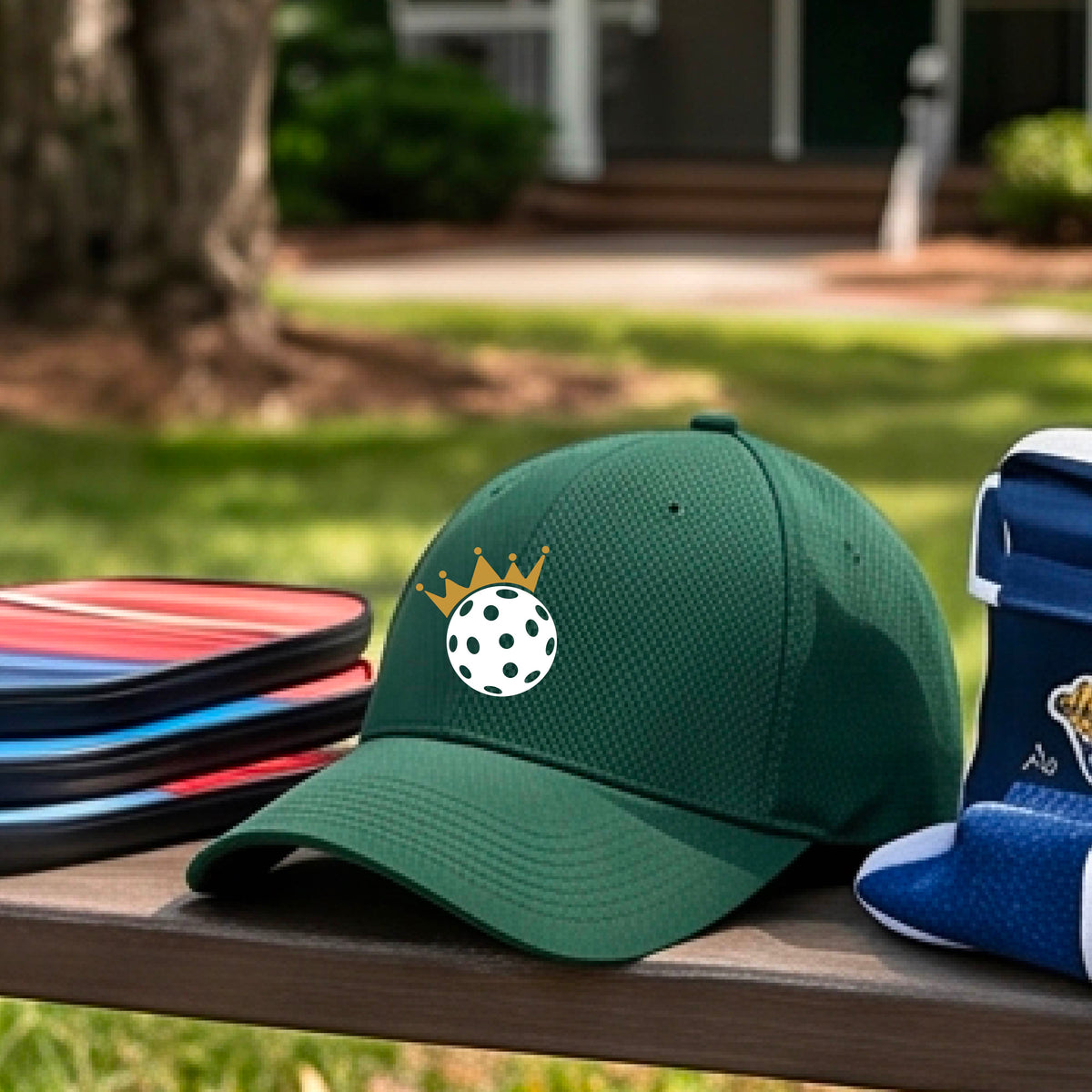 A person outdoors wearing a green baseball cap with a white pickleball graphic of small gold crown on the front.