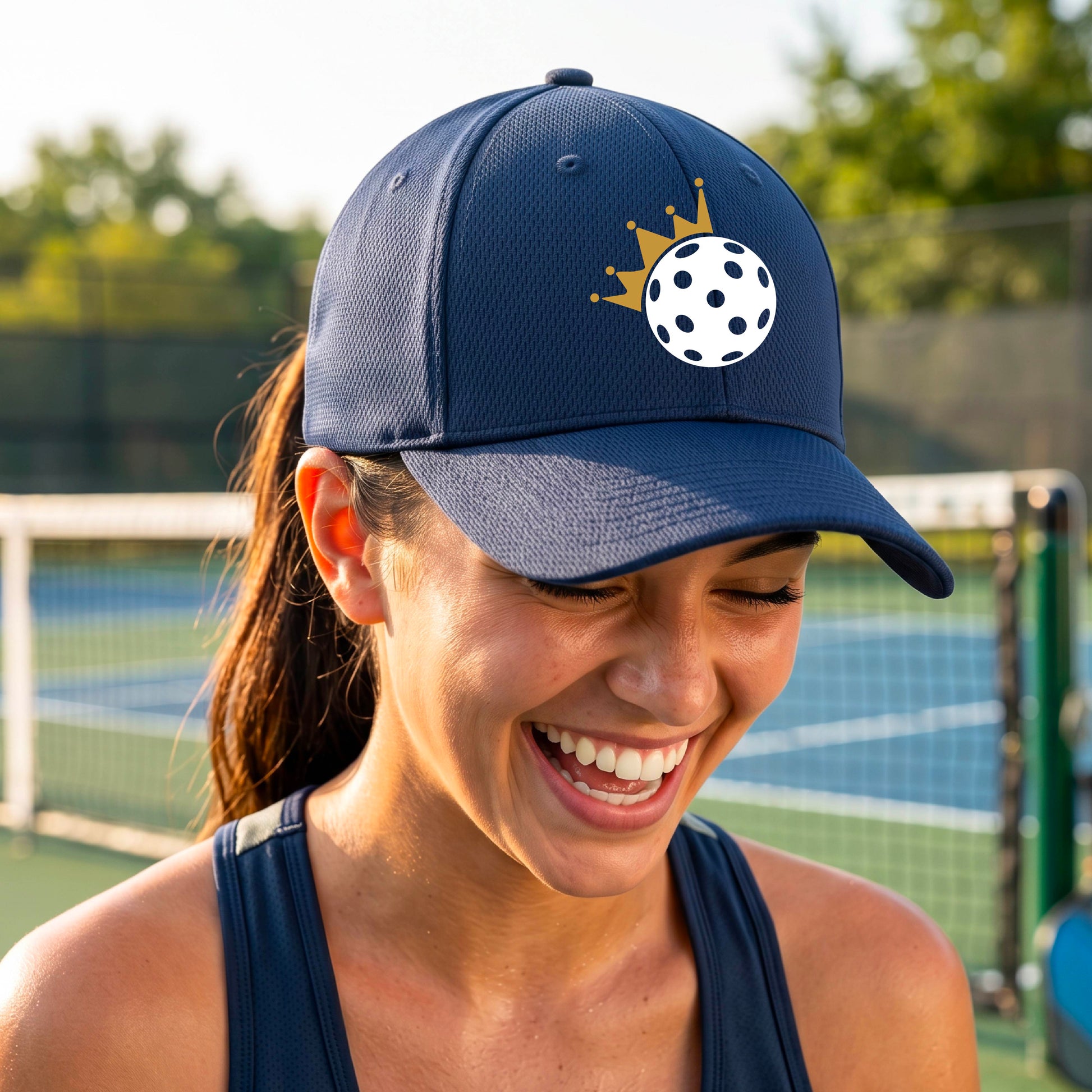 A person outdoors wearing a navy blue baseball cap with a white pickleball graphic of small gold crown on the front.