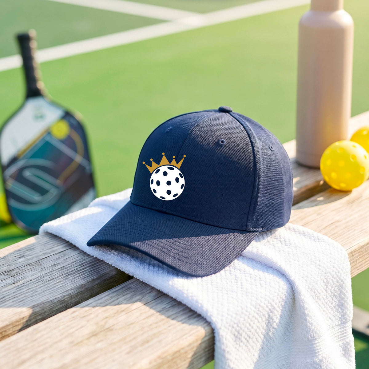 A person outdoors wearing a navy blue baseball cap with a white pickleball graphic of small gold crown on the front.