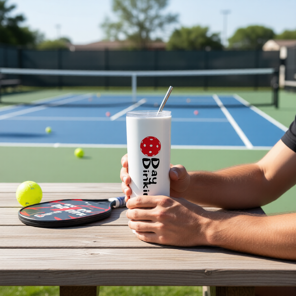 A white stainless steel tumbler with a fun pickleball graphic of a red Pickleball and the text 'DAY DINKING" with a pickleball court in the background. 