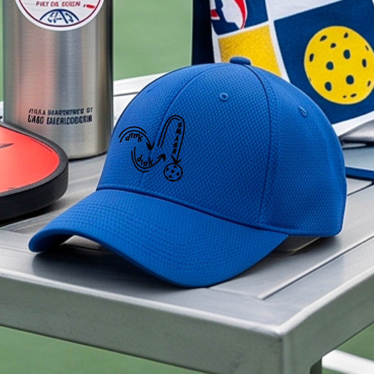 A close-up lifestyle shot of a royal blue athletic hat with a black pickleball 'DINK DINK SMASH' logo with a pickleball graphic.