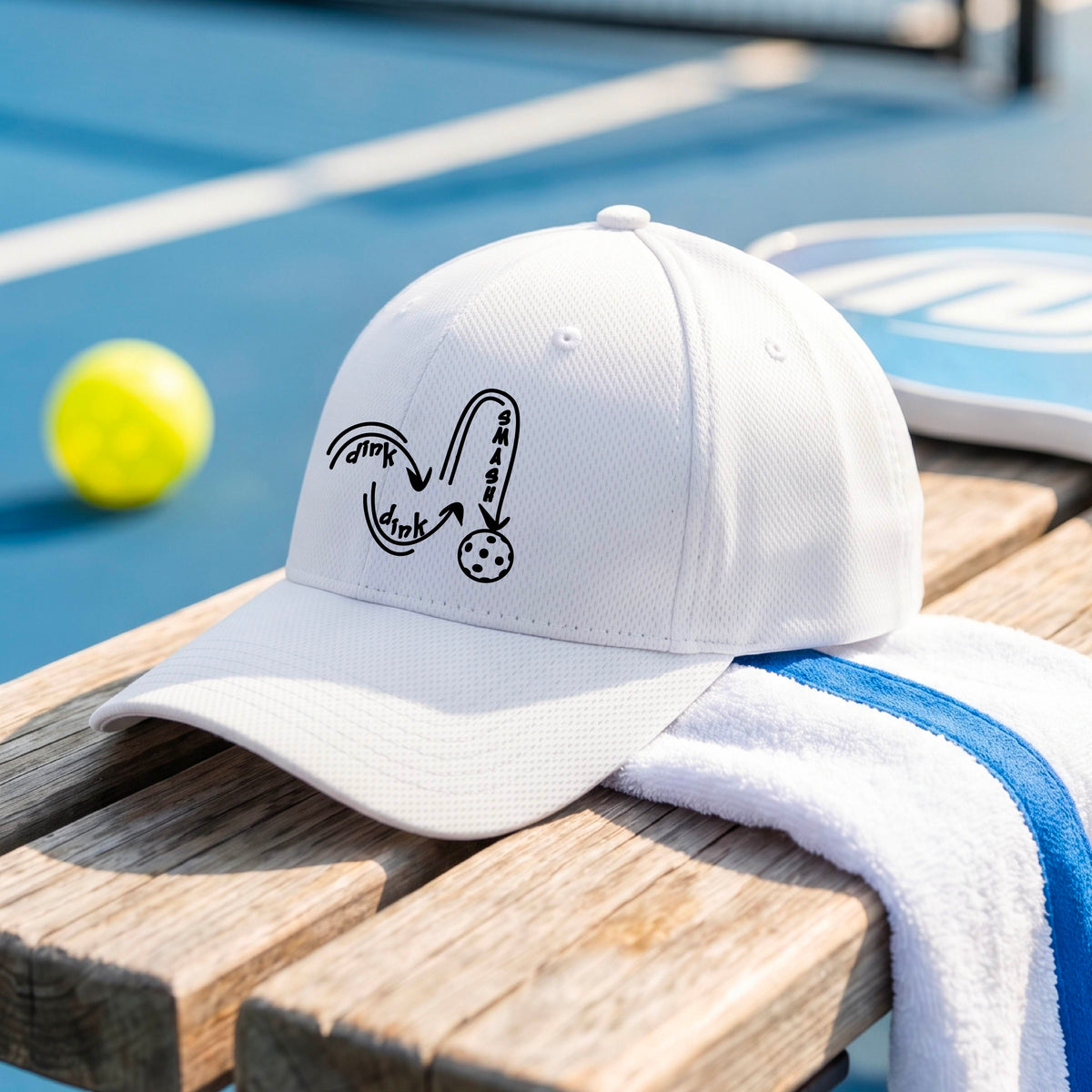 A close-up lifestyle shot of a white athletic hat with a black pickleball 'DINK DINK SMASH' logo with a pickleball graphic.