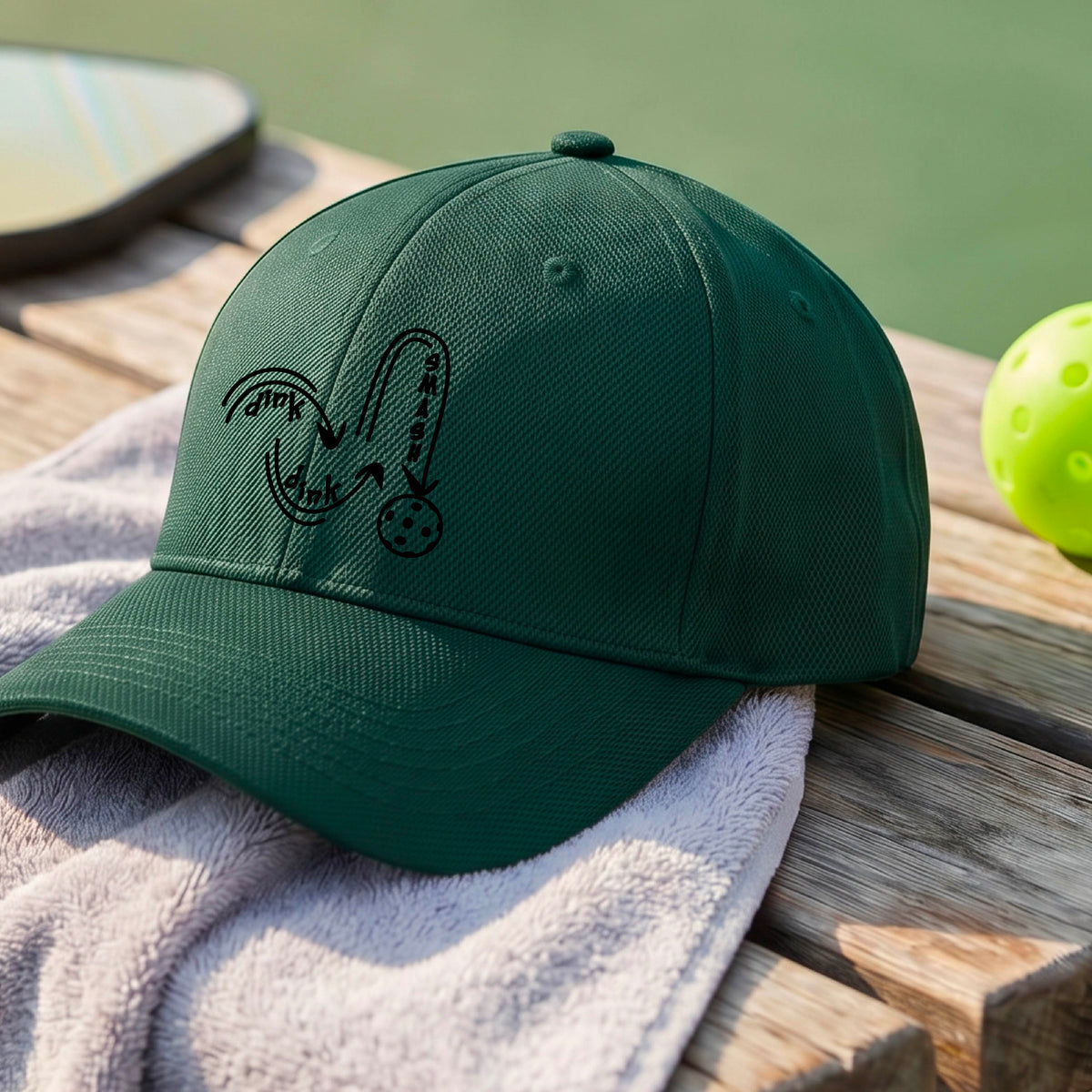 A close-up lifestyle shot of a green athletic hat with a black pickleball 'DINK DINK SMASH' logo with a pickleball graphic