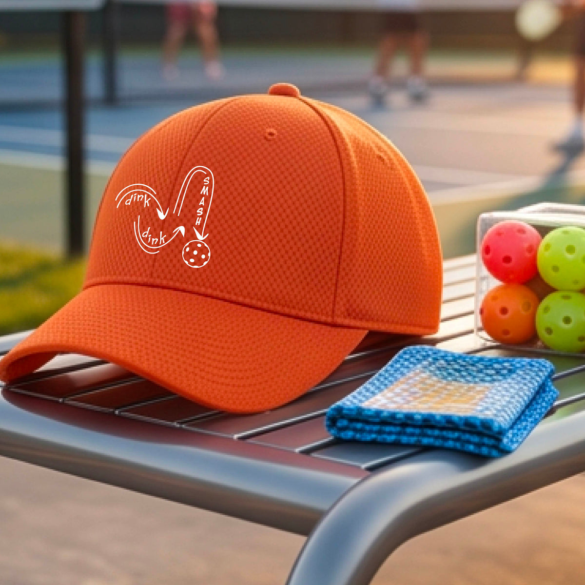 A close-up lifestyle shot of an orange athletic mid-profile hat with a white pickleball 'DINK DINK SMASH' logo with a pickleball graphic